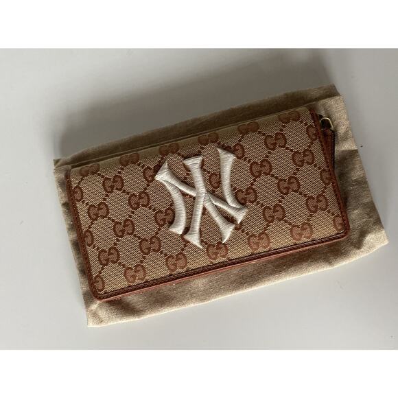 New Gucci GG NY Yankees Zip Around Fabric Wallet Beige Made in Italy - Picture 6 of 12